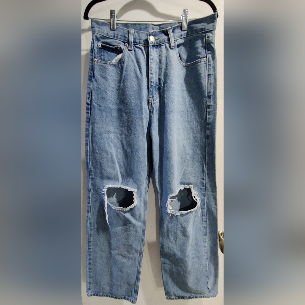 Women's Light Blue Distressed High Waisted Wide Leg Jeans